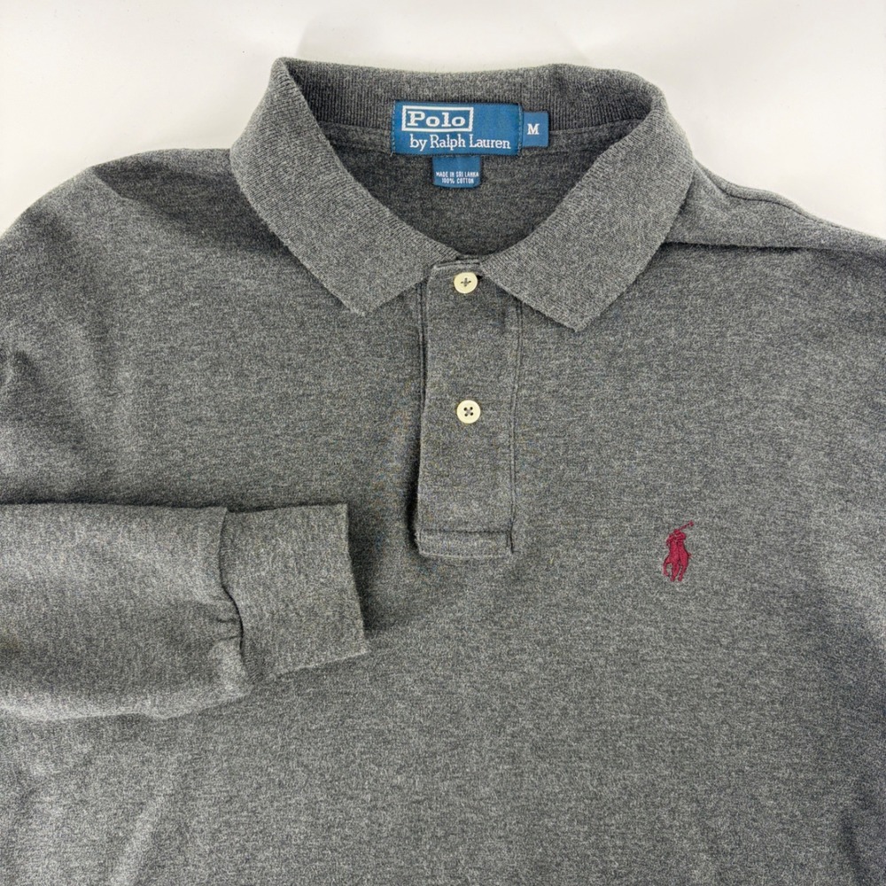Polo Ralph Lauren Shirt Mens Medium Gray Long Sleeve Pique Red Pony Logo